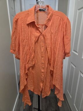 Red Coral Rayon Blend Button-Front Ruffled Tunic